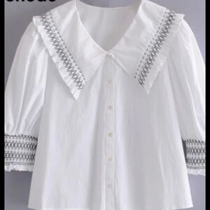 Zara White Blouse with Black Embroidery
